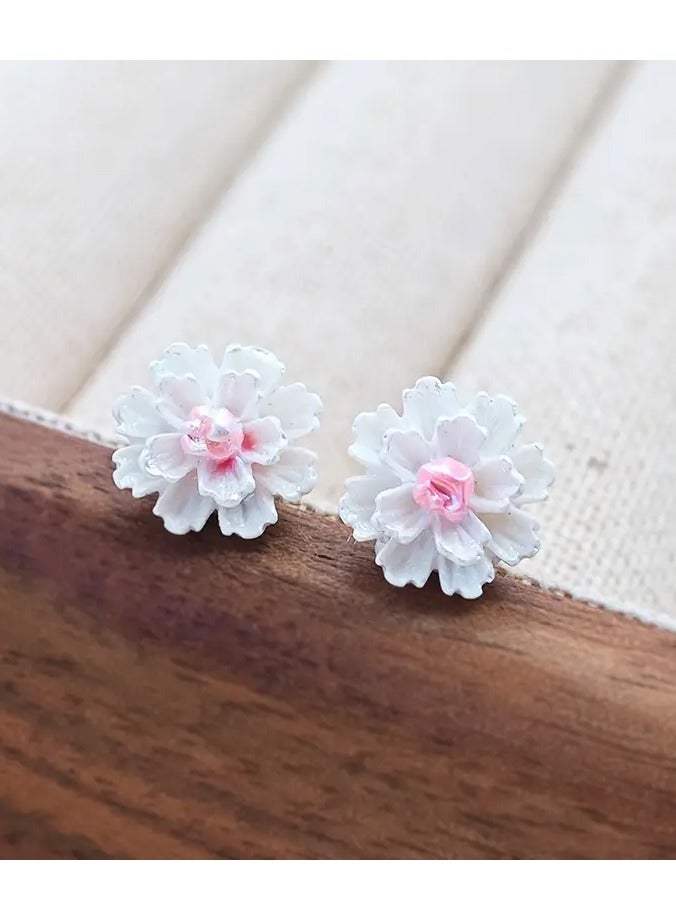Home Clearance Sale Chic White Floral Stud Earrings for Women - Vintage & Minimalist Design with 925 Silvery Posts, Perfect for Casual Attire or Parties - Image 3