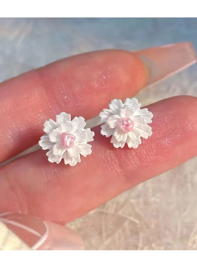 Home Clearance Sale Chic White Floral Stud Earrings for Women - Vintage & Minimalist Design with 925 Silvery Posts, Perfect for Casual Attire or Parties - Image 2