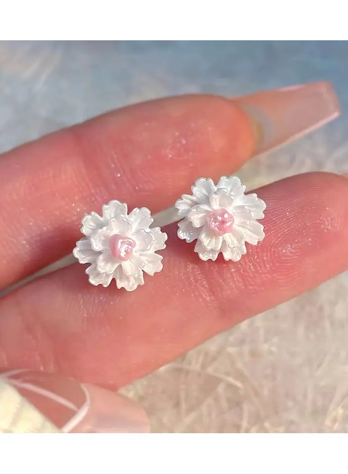 Home Clearance Sale Chic White Floral Stud Earrings for Women - Vintage & Minimalist Design with 925 Silvery Posts, Perfect for Casual Attire or Parties - Image 4