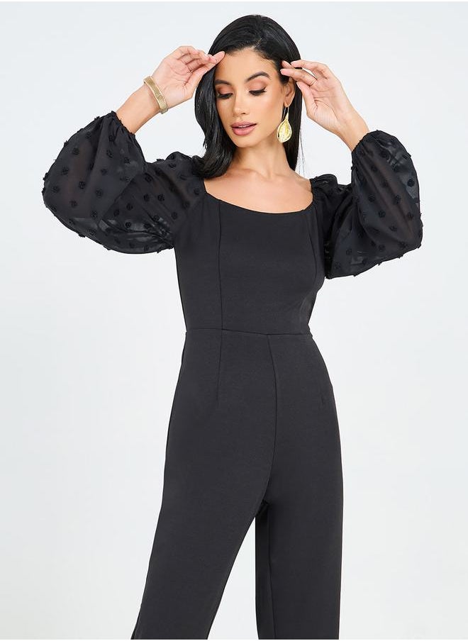 Styli - Straight Leg Ponte Jumpsuit with Dobby Volume Sleeves - Image 1