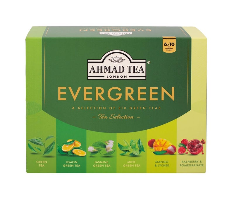 Ahmad Tea Green Tea, Evergreen Selection Pack Teabags, 60 Foil Teabags - Caffeinated & Sugar-Free - Image 1