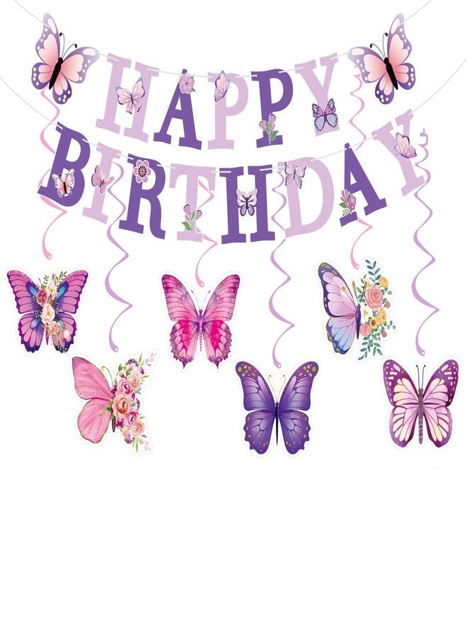 BlingRoKi Butterfly Birthday Banner Party Decorations Pre-strung Birthday Garland for Women & Girls Colorful Hanging Swirls Decorations Ceiling Decor for Girl Women Party (Butterfly) - Image 1