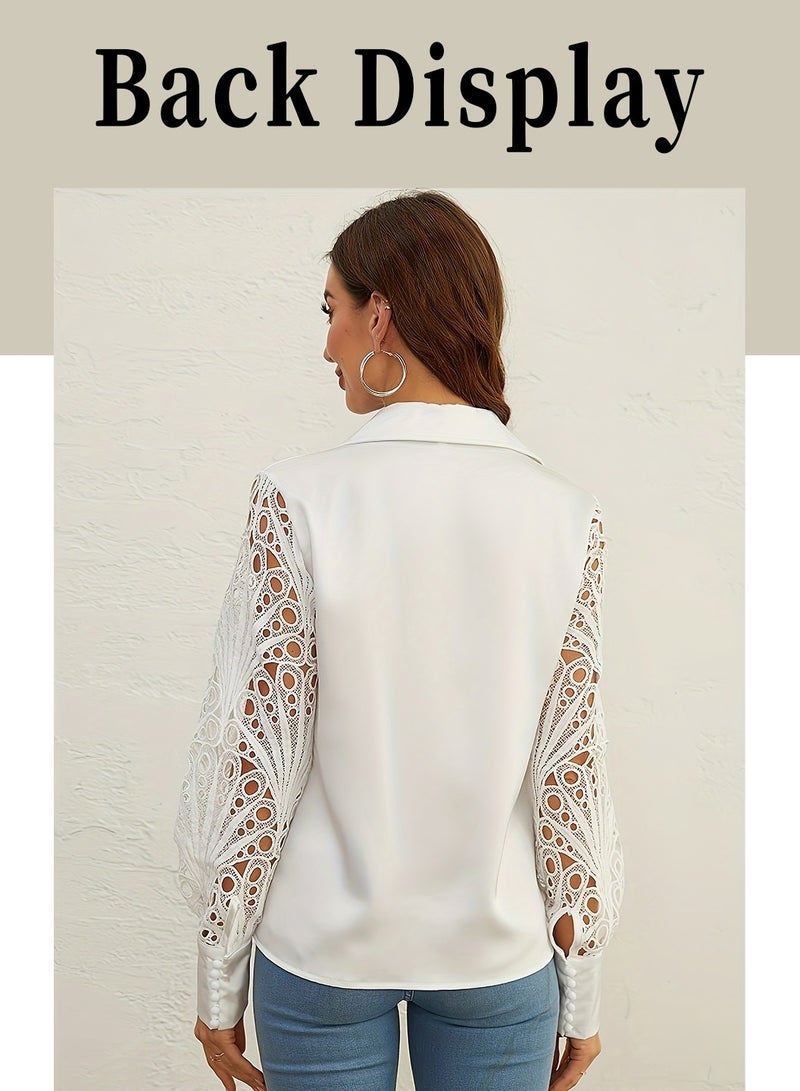 Moovant Shirt for Women, Satin Lace Blouse, Classic V Neck Lapel Design, Long Sleeve Cuffs Tightened Button Open and Close Fashion Top, White  - Image 3