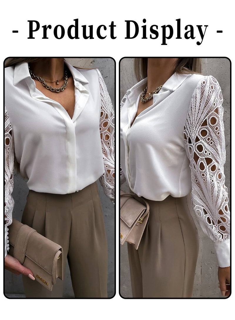 Moovant Shirt for Women, Satin Lace Blouse, Classic V Neck Lapel Design, Long Sleeve Cuffs Tightened Button Open and Close Fashion Top, White  - Image 5