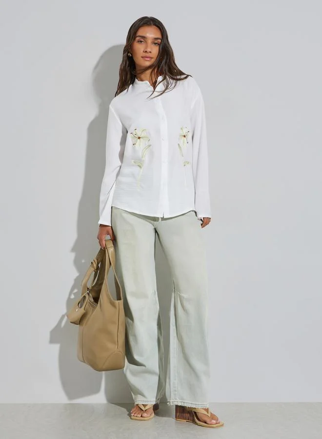 Styli White Floral Print Oversized Shirt