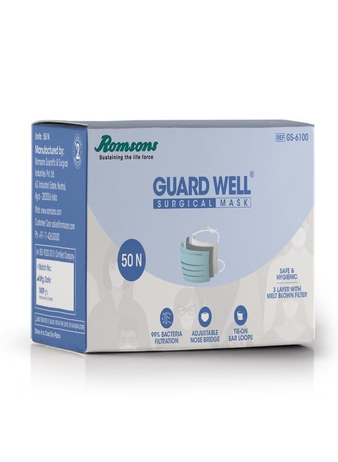 رومسونز قناع وجه جراحي ثلاثي الطبقات من رومسونز جارد ويل، آمن وصحي، ثلاث طبقات مع فلتر منفوخ بالذوبان (عبوة واحدة) 50 قطعة - Image 1