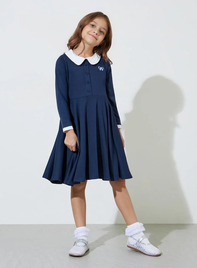 Styli Girls Navy Blue Button Details Peter Pan Collar A-Line Midi Dress