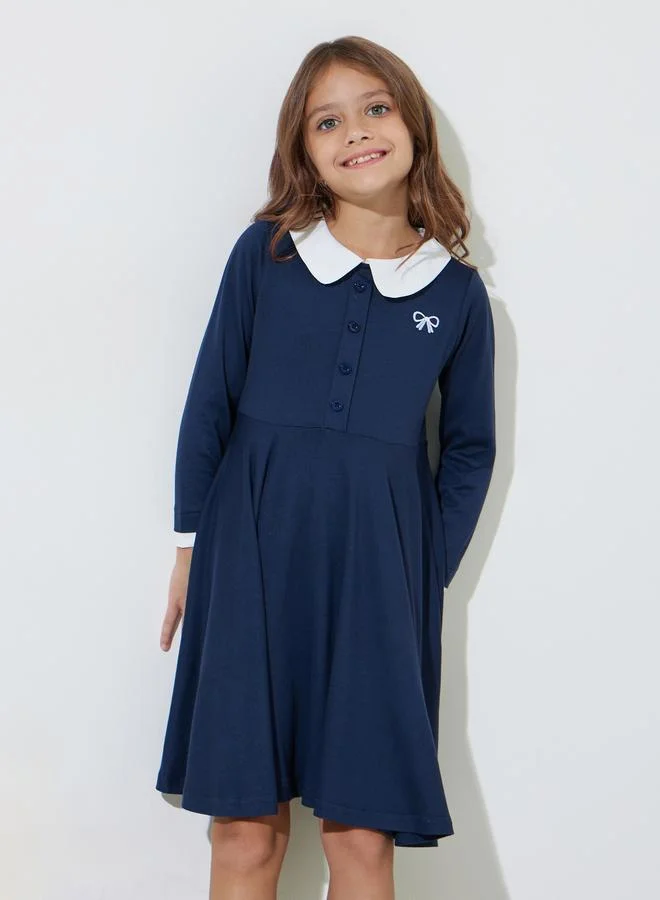Styli Girls Navy Blue Button Details Peter Pan Collar A-Line Midi Dress