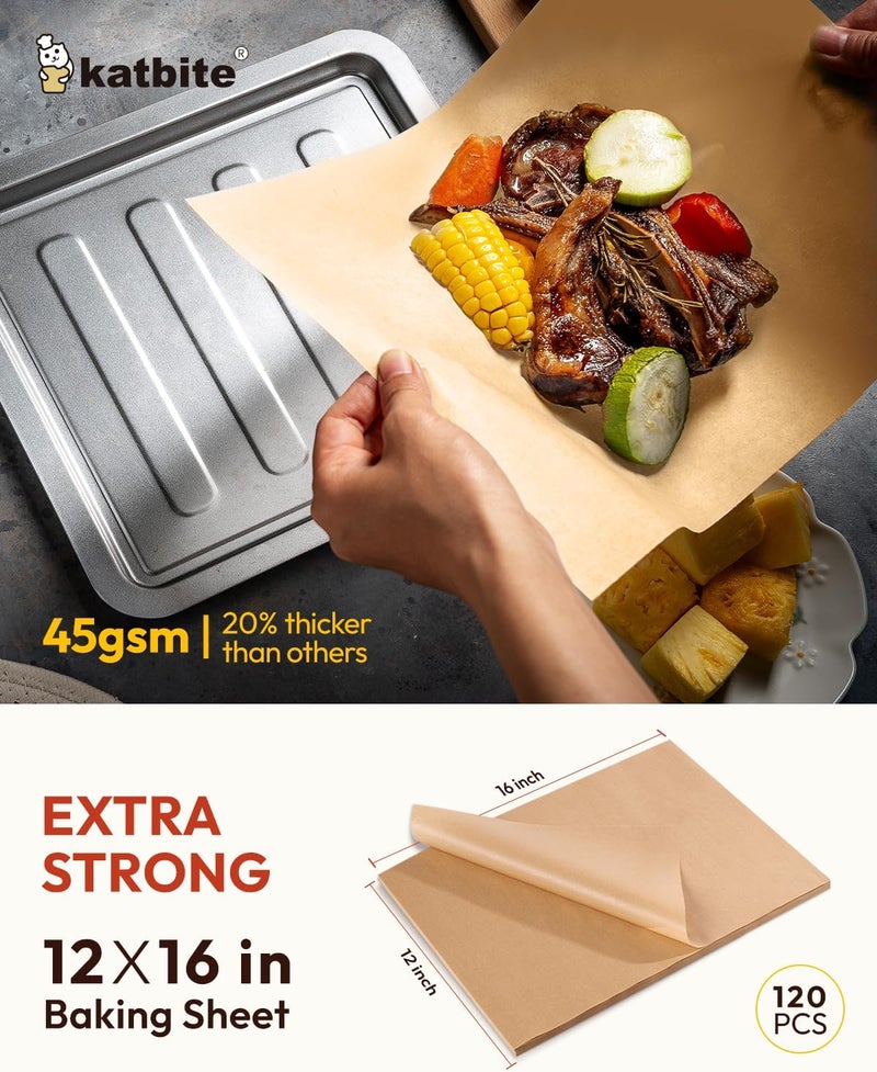 katbite Unbleached Parchment Paper Baking Sheets, 120Pcs 12x16 Inch Precut Parchment Paper for Baking, Heavy Duty & Non-stick, Half Sheet Paper for Baking, Cooking, Steaming, Oven Paper - Image 2