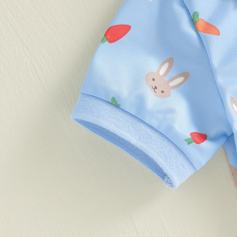 Bagilaanoe Toddler Baby Boy Easter Outfit Bunny Carrot Print Button Up Short Sleeve T-Shirt Top+ Solid Shorts Set (Blue, 2-3T) - Image 5