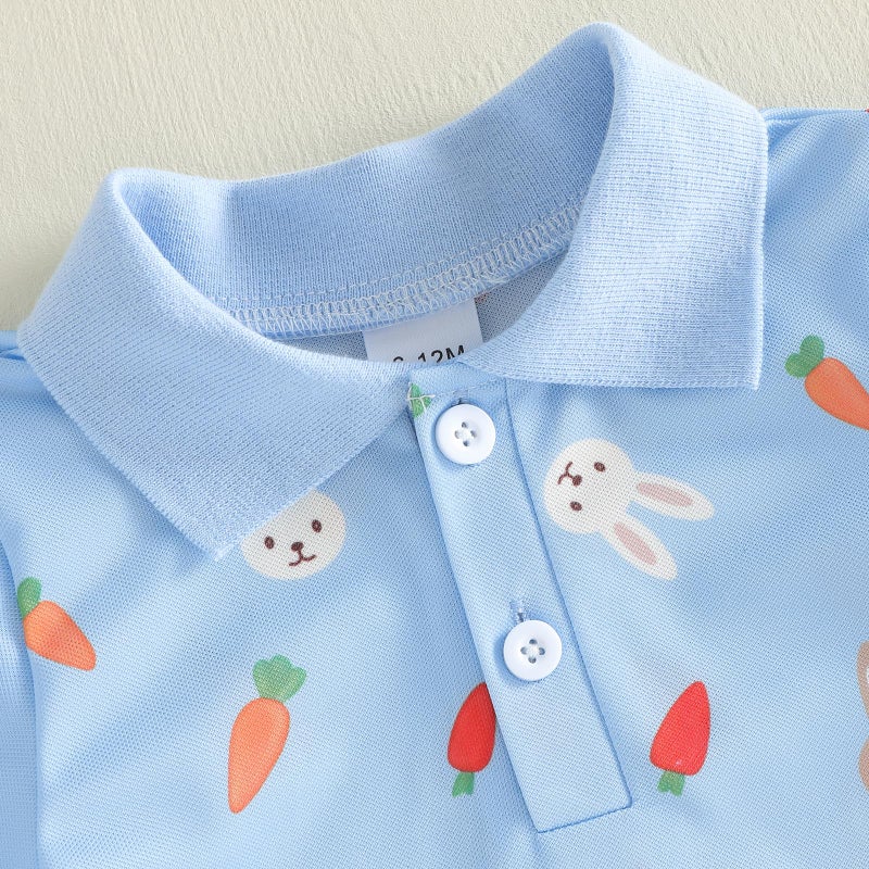 Bagilaanoe Toddler Baby Boy Easter Outfit Bunny Carrot Print Button Up Short Sleeve T-Shirt Top+ Solid Shorts Set (Blue, 2-3T) - Image 4