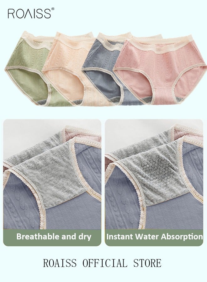 roaiss 4 Piece Breifs Set Womens Cotton Mid-rise Stretch Panties Underwear Ladies Lace Stripe Panties Ladies Cotton Breathable Inner Leggings Women's Comfort Fit Briefs  - Image 4
