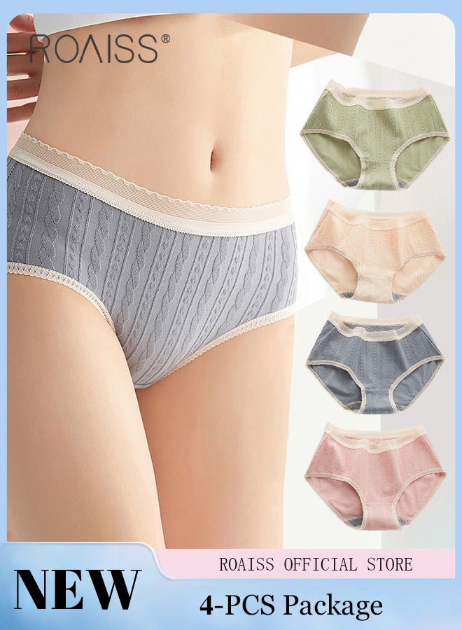 roaiss 4 Piece Breifs Set Womens Cotton Mid-rise Stretch Panties Underwear Ladies Lace Stripe Panties Ladies Cotton Breathable Inner Leggings Women's Comfort Fit Briefs  - Image 1