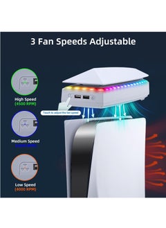 Flash Hawk PS5 Top Cooling Fan with 7 Modes RGB Light, Low Noise Cooler Compatible with Playstation 5 White  - Image 2