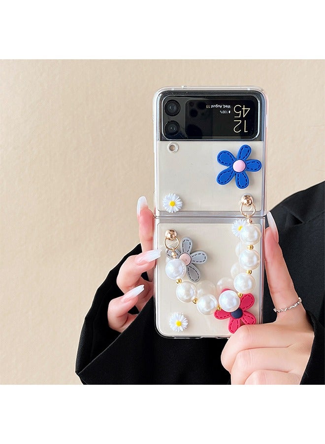 HY Cute Case for Samsung Galaxy Z Flip 4 with Strap, Fashion Flower Case for Galaxy Z Flip 4 5G Protective Girls Case with Pearl Chain, Hard PC Case for Z Flip 4 Clear Case with Lanyard  - Image 1
