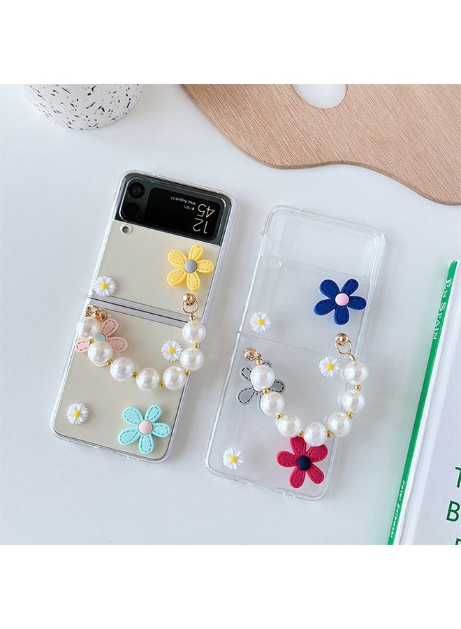 HY Cute Case for Samsung Galaxy Z Flip 4 with Strap, Fashion Flower Case for Galaxy Z Flip 4 5G Protective Girls Case with Pearl Chain, Hard PC Case for Z Flip 4 Clear Case with Lanyard  - Image 3