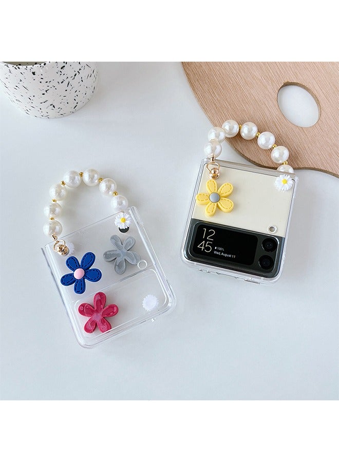 HY Cute Case for Samsung Galaxy Z Flip 4 with Strap, Fashion Flower Case for Galaxy Z Flip 4 5G Protective Girls Case with Pearl Chain, Hard PC Case for Z Flip 4 Clear Case with Lanyard  - Image 4