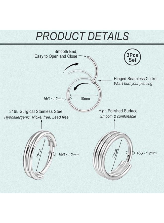 SEEDRILL 16G Cartilage Earrings for Women Men 316L Surgical Steel Conch Helix Rook Tragus Daith Labret Piercing Jewelry 8mm 10mm Double/Triple Hoop Septum Rings Hypoallergenic Lip Rings, 3pcs-16G-8mm - Image 2