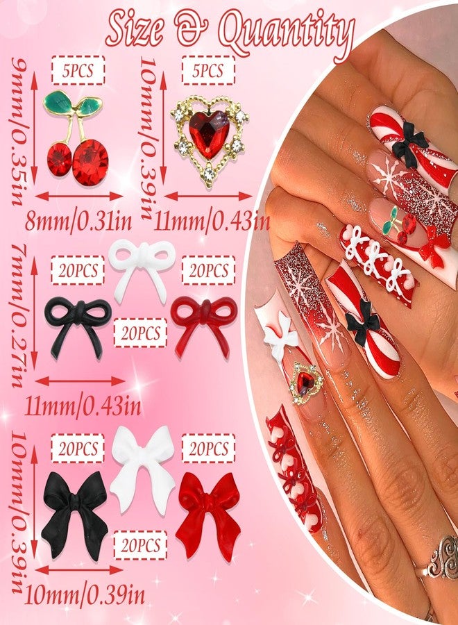 BELICEY 130Pcs 3D Nail Charms Set Red Black White Acrylic Flatback Nail Bows Jewelry Gold Cherry Heart Charms for Nails Gems and Rhinestones for Valentine's Day Women Manicure DIY Nail Art - Image 2