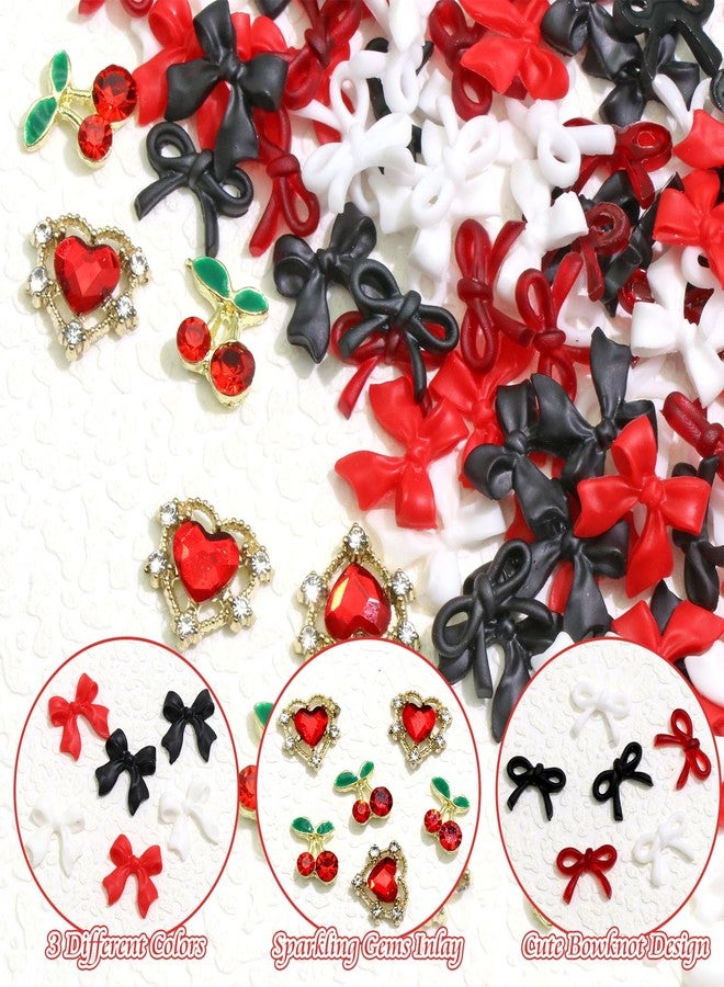 BELICEY 130Pcs 3D Nail Charms Set Red Black White Acrylic Flatback Nail Bows Jewelry Gold Cherry Heart Charms for Nails Gems and Rhinestones for Valentine's Day Women Manicure DIY Nail Art - Image 3