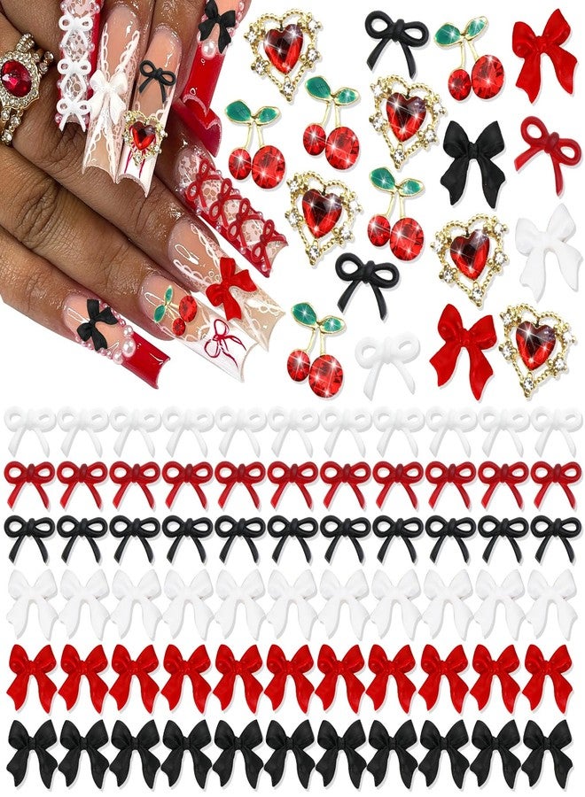 BELICEY 130Pcs 3D Nail Charms Set Red Black White Acrylic Flatback Nail Bows Jewelry Gold Cherry Heart Charms for Nails Gems and Rhinestones for Valentine's Day Women Manicure DIY Nail Art - Image 1