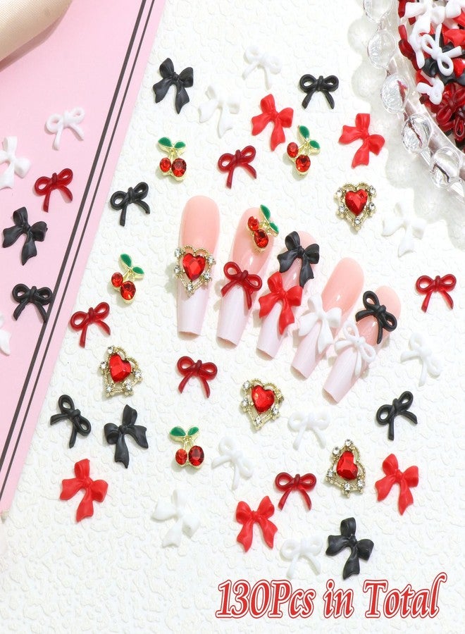 BELICEY 130Pcs 3D Nail Charms Set Red Black White Acrylic Flatback Nail Bows Jewelry Gold Cherry Heart Charms for Nails Gems and Rhinestones for Valentine's Day Women Manicure DIY Nail Art - Image 5