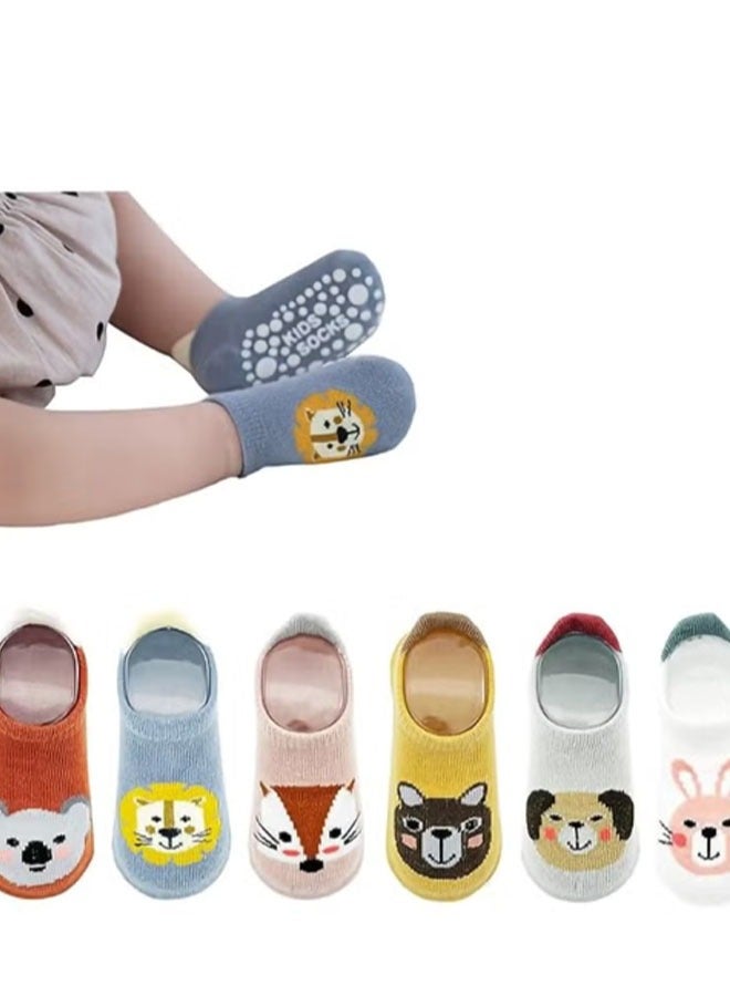 جوارب الأطفال المُقاومة للانزلاق لسن 0-3 سنوات - 6 أزواج بتصاميم حيوانية، قطن مُغَزَّل عالي الجودة يُشْرِقُ في جميع المواسم (للذكور والإناث) - Image 2