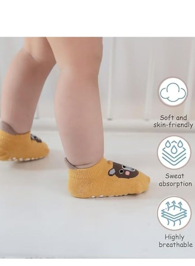 جوارب الأطفال المُقاومة للانزلاق لسن 0-3 سنوات - 6 أزواج بتصاميم حيوانية، قطن مُغَزَّل عالي الجودة يُشْرِقُ في جميع المواسم (للذكور والإناث) - Image 4