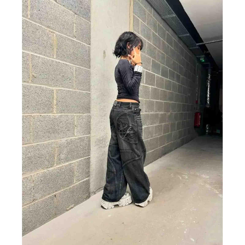 Ethbox Men's Hip Hop Y2K Jeans Wide Leg Jeans Women's Gothic Straight Loose Jeans (Black,Large) - Image 2
