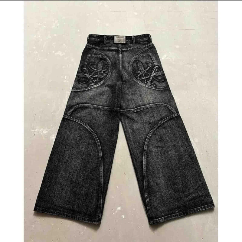 Ethbox Men's Hip Hop Y2K Jeans Wide Leg Jeans Women's Gothic Straight Loose Jeans (Black,Large) - Image 3