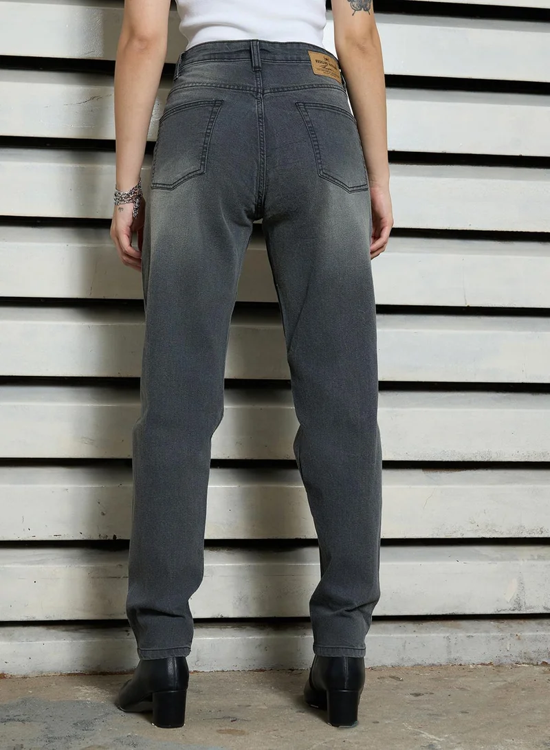 HIGH STAR Women's Light Grey Cotton Blend Bleached Full Length Slim Fit Jeans