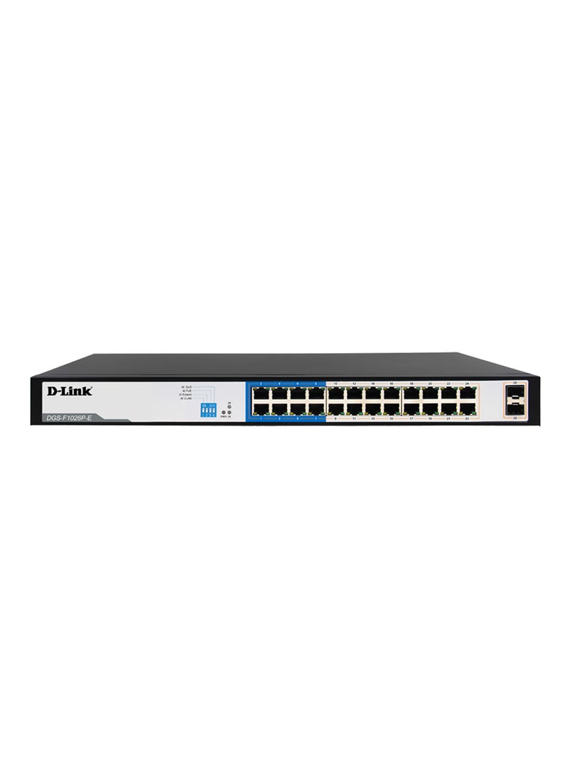 D-Link 250M 24-Port 1000Mbps PoE Switch, With 2 SFP Ports, IEEE 802.3af/at POE, 250W Total Power Budget, Plug and Play Installation | DGS-F1026P-E Black - Image 1