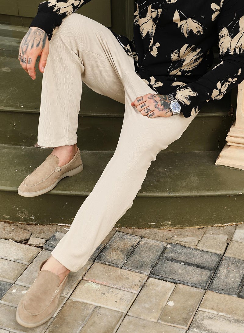 Campus Sutra Campus Sutra Men's Saltbox Beige Textured Extended-Waistband Trousers | Mid-Rise , Straight Hem , Button Closure , Tailored-Fit | Solid Textured | Polyester Blend Trouser For Casual Wear  - Image 1
