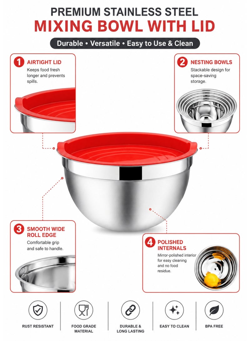 Toshionics Stainless Steel Food Containers, Salad Bowl Food Storage Containers with Lid, Mixing Bowl Containers with Cover, Meal Prep Bowls, Leak-Proof, Round, Reusable, Pack of 5, Silicone Sleeve for Home Kitchen  Food Snacks Meal Preparation, 18, 20, 22, 24, 26 cm - Image 5