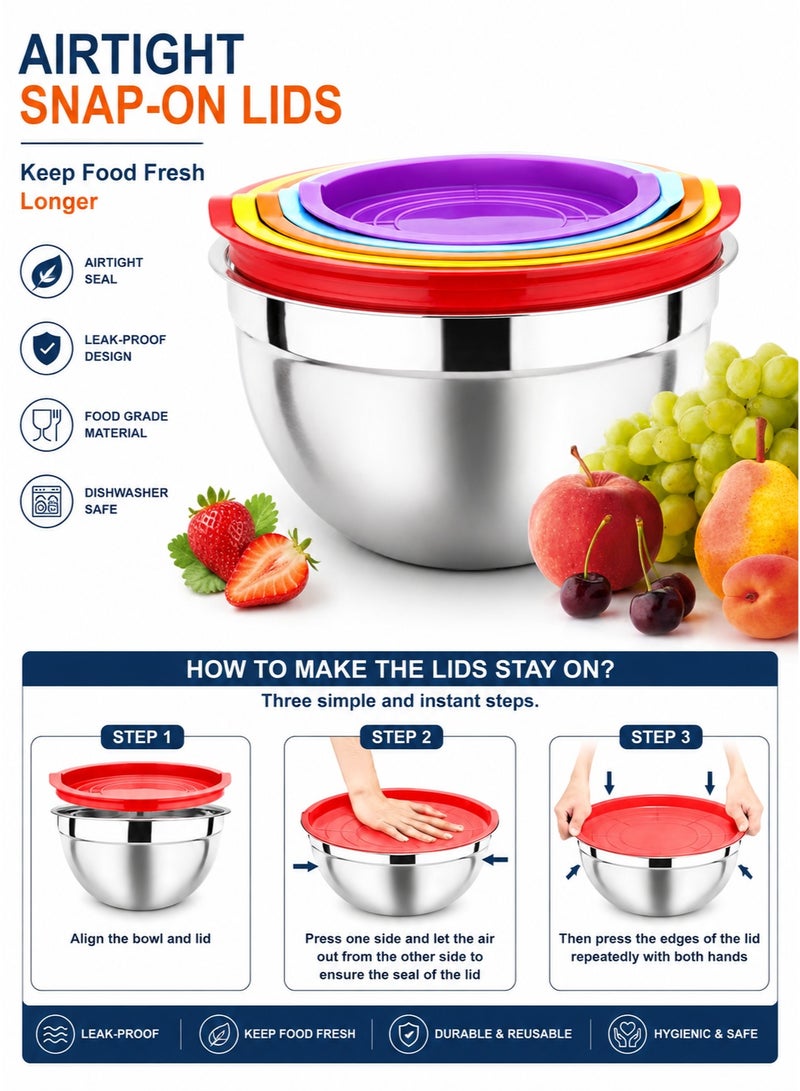 Toshionics Stainless Steel Food Containers, Salad Bowl Food Storage Containers with Lid, Mixing Bowl Containers with Cover, Meal Prep Bowls, Leak-Proof, Round, Reusable, Pack of 5, Silicone Sleeve for Home Kitchen  Food Snacks Meal Preparation, 18, 20, 22, 24, 26 cm - Image 3