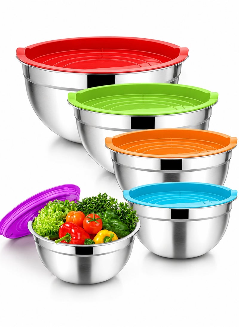 Toshionics Stainless Steel Food Containers, Salad Bowl Food Storage Containers with Lid, Mixing Bowl Containers with Cover, Meal Prep Bowls, Leak-Proof, Round, Reusable, Pack of 5, Silicone Sleeve for Home Kitchen  Food Snacks Meal Preparation, 18, 20, 22, 24, 26 cm - Image 1