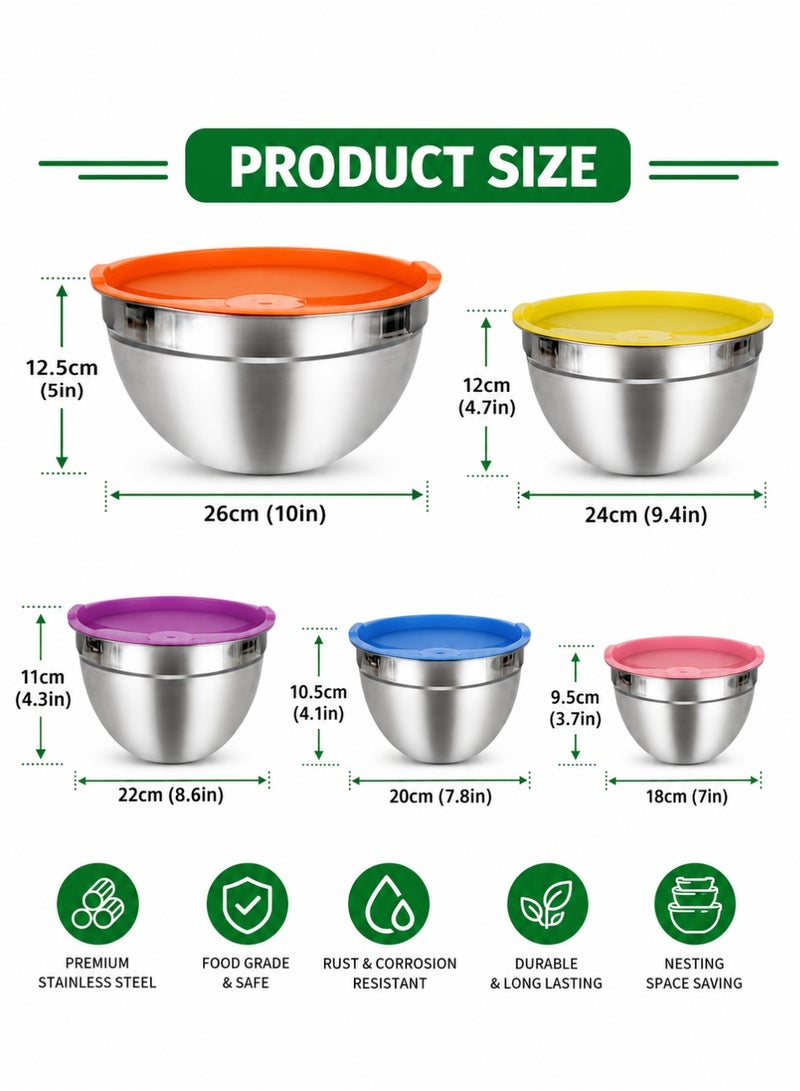 Toshionics Stainless Steel Food Containers, Salad Bowl Food Storage Containers with Lid, Mixing Bowl Containers with Cover, Meal Prep Bowls, Leak-Proof, Round, Reusable, Pack of 5, Silicone Sleeve for Home Kitchen  Food Snacks Meal Preparation, 18, 20, 22, 24, 26 cm - Image 2