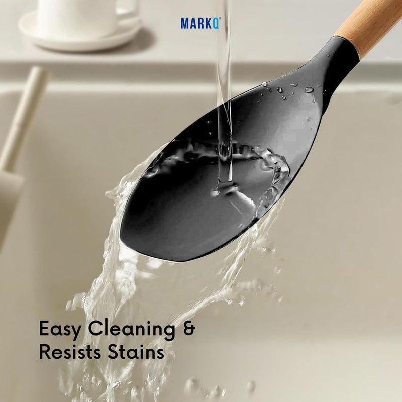 MARKQ طقم أدوات المطبخ 12 قطعة | أدوات طهي سيليكون بمقابض خشبية من الخيزران | طقم أدوات طهي غير لاصق وسهل التنظيف (أسود) - Image 4