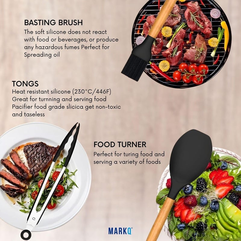 MARKQ طقم أدوات المطبخ 12 قطعة | أدوات طهي سيليكون بمقابض خشبية من الخيزران | طقم أدوات طهي غير لاصق وسهل التنظيف (أسود) - Image 5