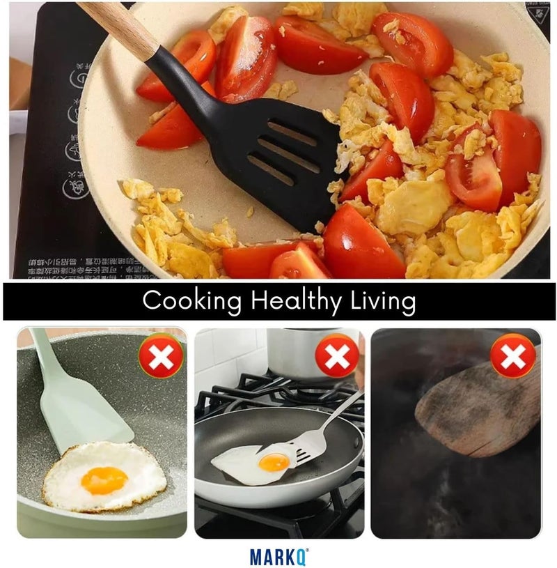 MARKQ طقم أدوات المطبخ 12 قطعة | أدوات طهي سيليكون بمقابض خشبية من الخيزران | طقم أدوات طهي غير لاصق وسهل التنظيف (أسود) - Image 3