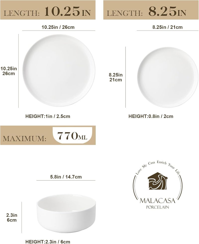 MALACASA LUNA Series 18 Piece White Porcelain Dinner Set for 6 People with Flat Plates, Dessert Plates, Cereal Bowls, Round Dinnerware Set - Image 2