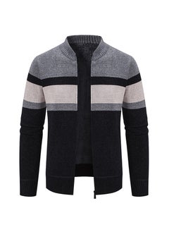 Generic Warm Knitted Cardigan for Middle-Aged And Elderly People Fashionable Stand Collar Thickened Fleece Lined Color Block Design 8950 light gray 