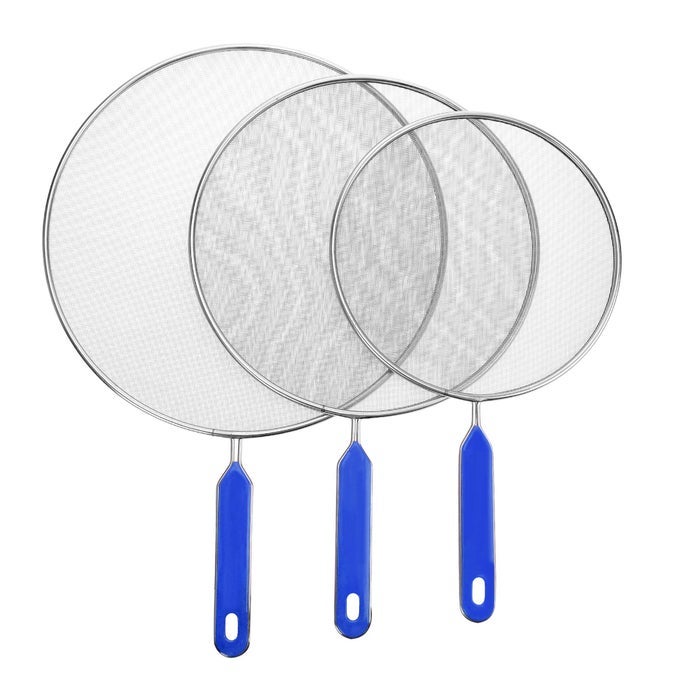 GREASE SPLATTER SCREENS GUARDS SHIELDS FRYING PAN POT COOKING OIL COVER SKILLET LID STAINLESS STEEL MESH BLUE HANDLE SET OF 3 8 95 11