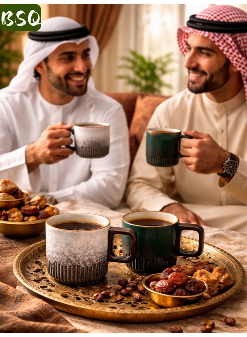 BSQ 2pcs 75ml mini espresso mugs (fire-fired white and fire-fired green) with ceramic wooden handles and gradient glazes, perfect for serving Turkish coffee, lattes, and cappuccinos. Japanese-style porcelain mini coffee mugs with wooden handles and small ceramic teacups. - Image 1