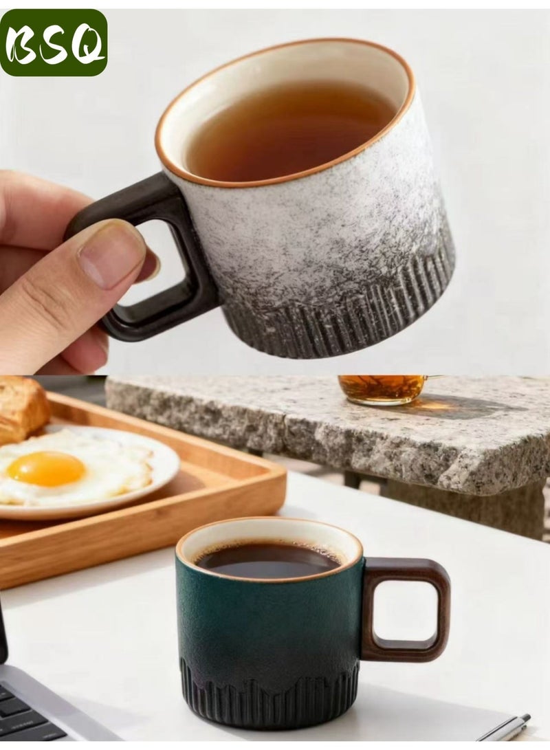 BSQ 2pcs 75ml mini espresso mugs (fire-fired white and fire-fired green) with ceramic wooden handles and gradient glazes, perfect for serving Turkish coffee, lattes, and cappuccinos. Japanese-style porcelain mini coffee mugs with wooden handles and small ceramic teacups. - Image 3