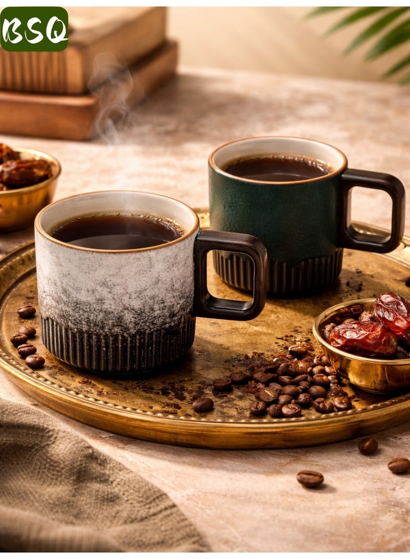 BSQ 2pcs 75ml mini espresso mugs (fire-fired white and fire-fired green) with ceramic wooden handles and gradient glazes, perfect for serving Turkish coffee, lattes, and cappuccinos. Japanese-style porcelain mini coffee mugs with wooden handles and small ceramic teacups. - Image 4
