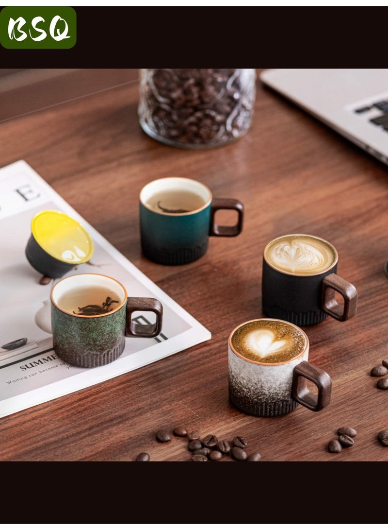 BSQ 2pcs 75ml mini espresso mugs (fire-fired white and fire-fired green) with ceramic wooden handles and gradient glazes, perfect for serving Turkish coffee, lattes, and cappuccinos. Japanese-style porcelain mini coffee mugs with wooden handles and small ceramic teacups. - Image 5