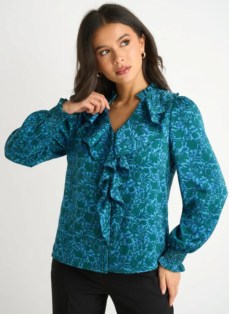 Gini London Blue Floral Print Ruffle Front Blouse