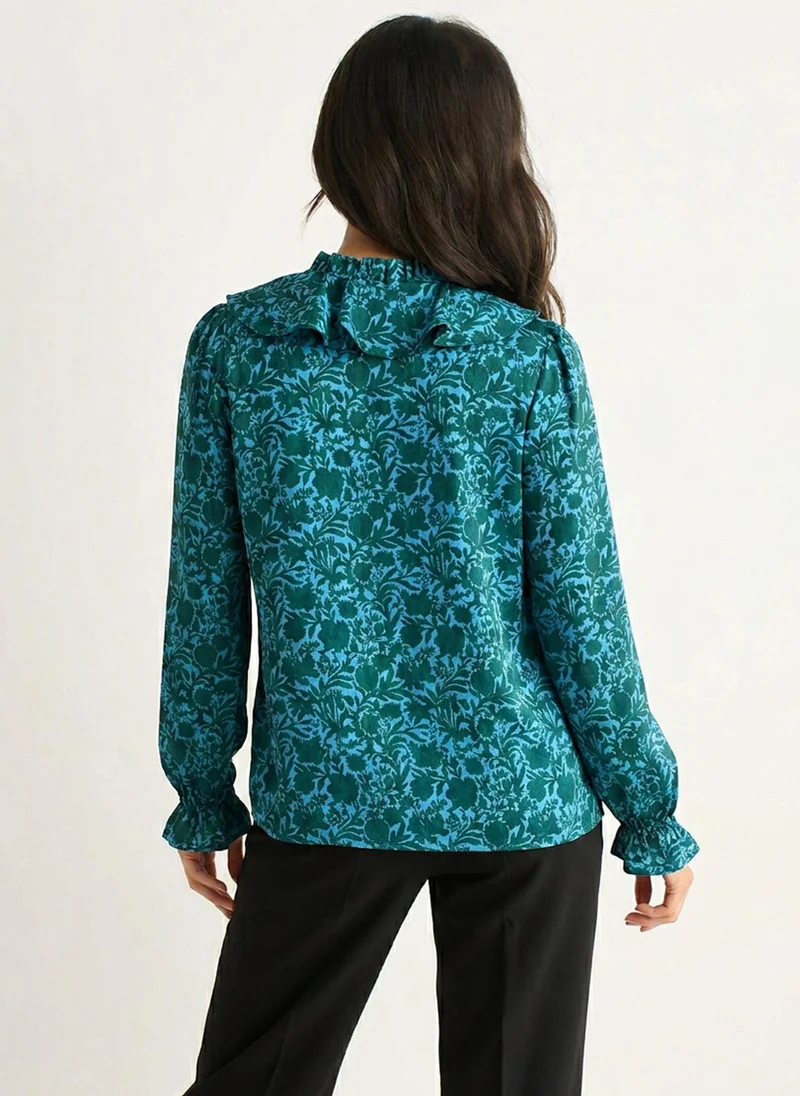 Gini London Blue Floral Print Ruffle Front Blouse