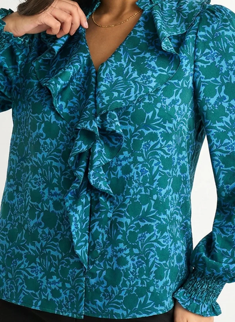 Gini London  Blue Floral Print Ruffle Front Blouse for Women | Best Price UAE